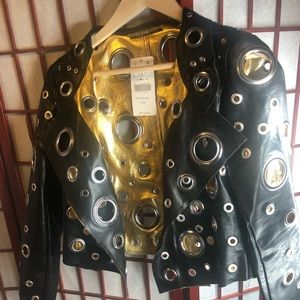 BLACK AND GOLD LEATHER JACKET WITH SILVER HOLES!!!